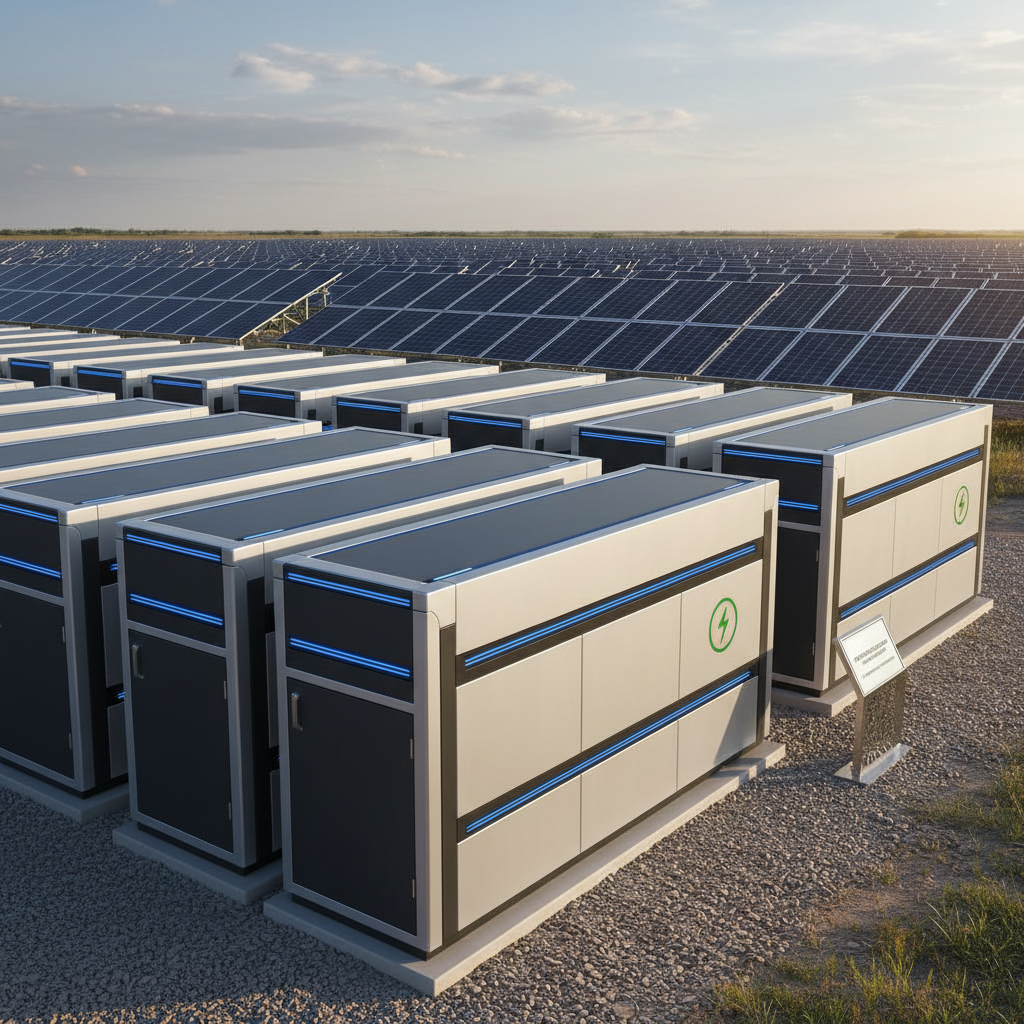 creaza imagine de 400x400 pentru baterii de stocare aferente unui parc fotovoltaic deja existent. idel pentru investitii pasive