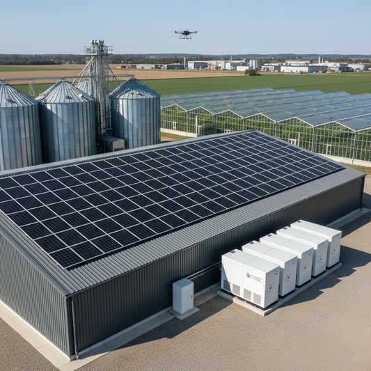 genereaza imagine de 400x400 pentru panouri fotovoltaice si baterii pentru sectorul agricol si industria alimentara