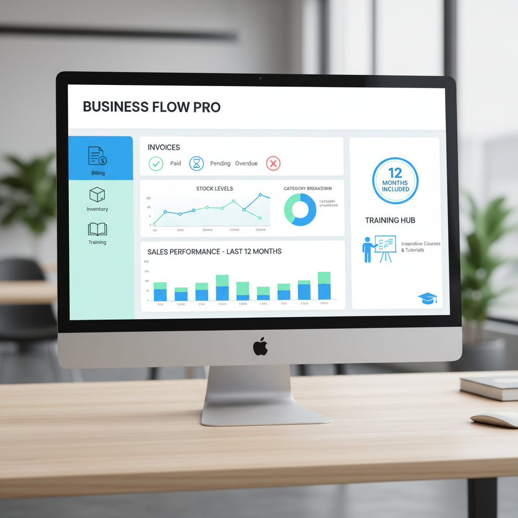 genereaza imagine de 400x400 sugerand Program de facturare si gestiune stocuri (abonament 12luni) + Sesiune Instruire de utilizare