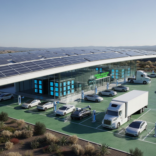 genereaza o imagine de 400x400 care sa intruchipeze benzinaria viitorului pentru masini electrice usoare si grele, care este 100% independenta, avand si parc fotovoltaic de alimentare din productie proprie si baterii aferente, ideal pentru un venit pasiv